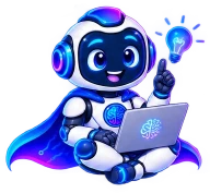 The Engineer mascot: a friendly blue and white robot in a circuit-patterned cape, sitting with a laptop on its knees, one finger raised beneath a lit bulb