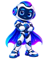 The Engineer mascot: a friendly blue and white robot in a circuit-patterned cape, standing squarely with both hands on its hips