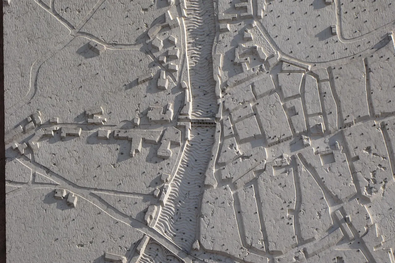 Bas relief, map, river