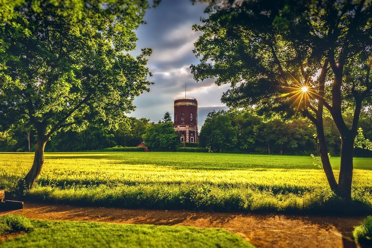 Water tower, sunset, colourful